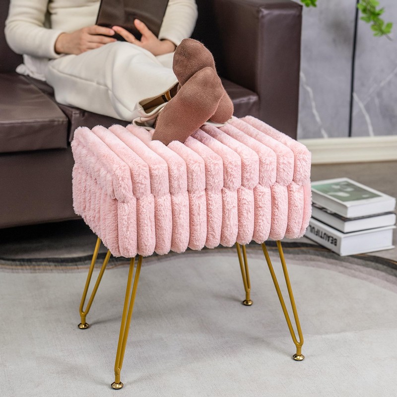 xuperbonus Faux Fur Vanity Stool with Storage Ottoman, Vanity Chair