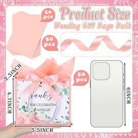 AmazingSpark 50 Pcs Wedding Welcome Bags with Handles and Tissue Paper 5.5x4.7x2.5'' Wedding Favor Gift Bags Thank You for Celebrating with Us for Baby Shower Housewarming Birthday(Pink,Rose)