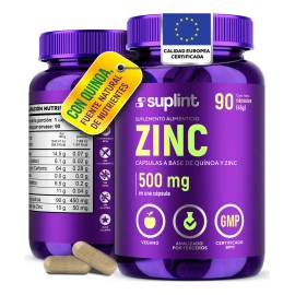 Zinc 50mg Gluconato con Quinoa – Cápsulas de Zinc y Magnesio, con Selenio para Apoyo a Inmunidad, Piel, Corazón y Cerebro – Suplemento Vegano, Sin OGM – 90 Cápsulas – SUPLINT