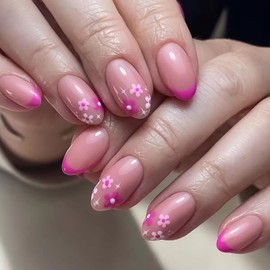 Press on Nails Short Almond French Tip Fake Nails Pink Full Cover Floral False Nails with White Star Designs Glossy Glue on Nails Cute Acrylic Manicure Artificial Nails for Women Girls 24Pcs