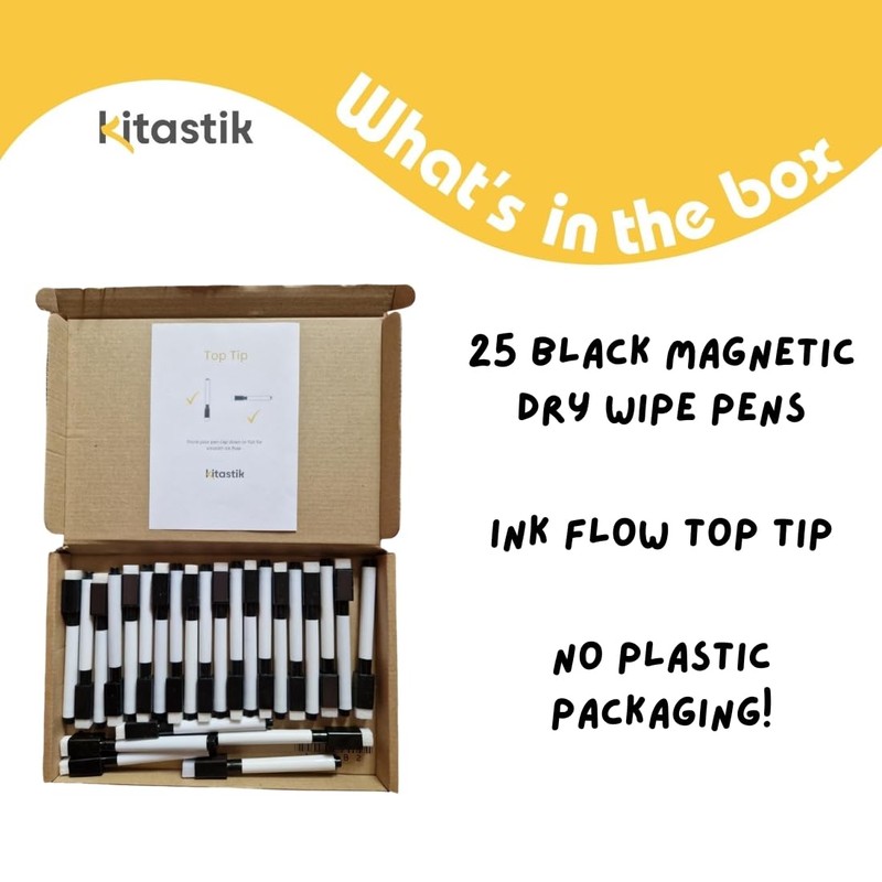 Kitastik 25 Dry Wipe Board Pens and Eraser Built-in White