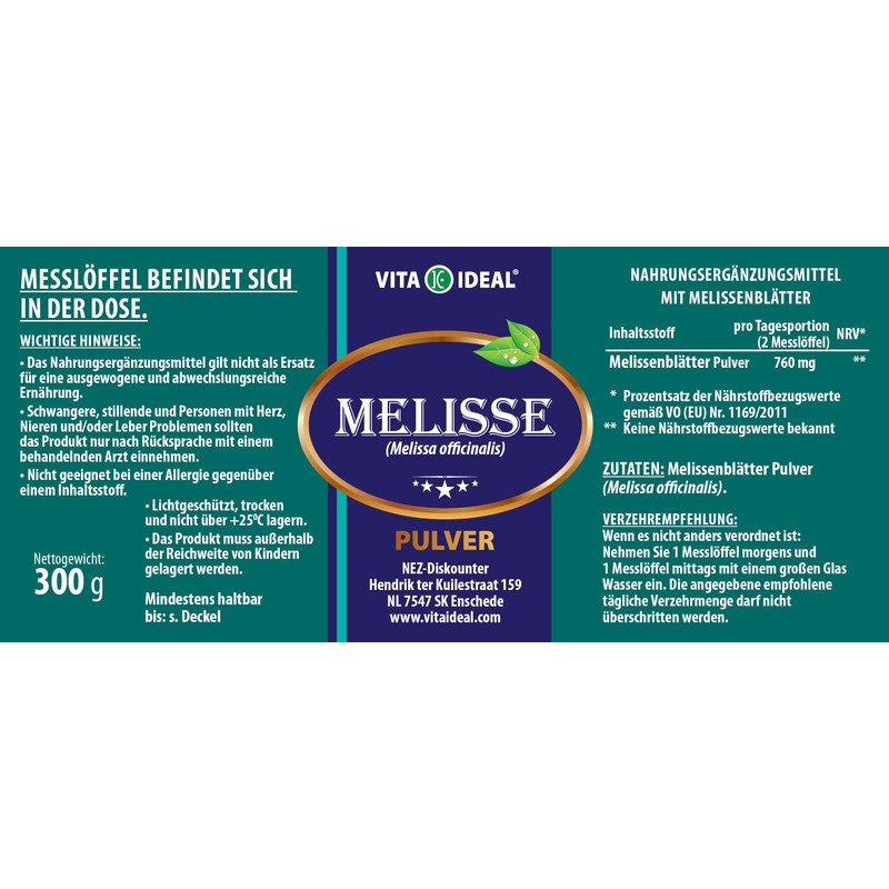 VITAIDEAL ® Melissa Herb Powder 300 g (Melissa Officinalis) +