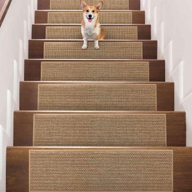 Seloom Linen Non Slip Stair Treads Carpet for Wooden Steps Indoor, Peel and Stick Carpet Stair Tread for Wood Stairs, Machine Washable Stair Runners for Pets, 15 Pack, Beige (15, 9"x30")