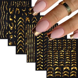 Gold Nail Stickers French Tip Metallic Golden Nail Decals 6PCS Self-Adhesive Irregular Ripple Lines Nail Design Sticker Acrylic Nail Art Supplies French Manicure Accessories Nail Art Decorations 6PCS