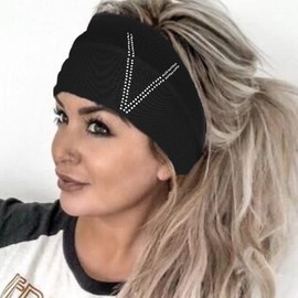 GORTIN Letter Rhinestones Headbands Black Boho Headband Wide Hair Bands Stretch Turban Head Wraps Knotted Head Pieces Party Head Jewelry for Women and Girls Pack of 1 (V)