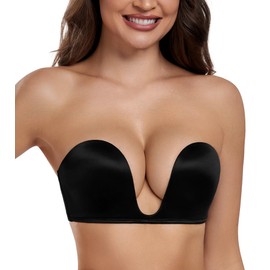 HACI Women's Plunge Deep U Strapless Bra Push Up Demi Seamless Underwire(Black,38D)