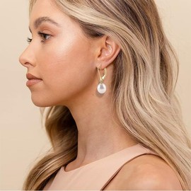 ONLYJUMP Pearl Hoop earrings For Women 14K Real Gold Plated Pearl Drop Earrings exquisite Small Sterling Silver Pearl earring Leverback Dangle Stud Pearl Earrings (Gold)