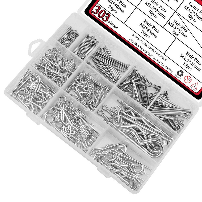 WMYCONGCONG 12サイズ 303個セット ステンレス鋼コッターピン割りピンキット 割りピン品揃えキット + 亜鉛メッキ鋼Rピン スナップピンファスナーセット ヒッチピンヘアピンロックシステム用