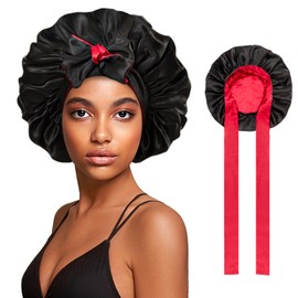 Satin Bonnet Silk Bonnet Hair Bonnet for Sleeping Large Bonnet for Women Reversible Bonnet Tie Band for Natural Curly Hair, Double-layer(black+red)