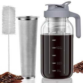 JunVpic Cold Brew Coffee Maker Jar - 64oz Thick Glass Multipurpose Mason Pitcher Spout Lid with Handle & Stainless Steel Filter for Iced Coffee, Lemonade, Ice Tea, Homemade Fruit Drinks Container