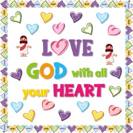 BeYumi 98Pcs Love God with all your Heart Christian Bulletin Board Set Heart Name Tags Cutouts Bulletin Board Borders Trim Valentine's Day Faith Religious Classroom Sunday School Chalkboard Wall Decor