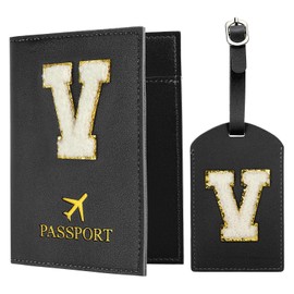 PATIKIL Passport Holder for Travel, Initial Passport Cover and Luggage Tag Set with Alphabet Chenille Letter Patch Travel Wallet Bag Suitcase Identifier for Women Family Travel Black V