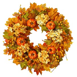 wwmira Fall Wreath with Pumpkins & Hydrangeas -Artificial Maple Leaves, Berries, and Pumpkin for Fall Front Door Decor, Thanksgiving Harvest Porch Indoor Outdoor Farmhouse Wall