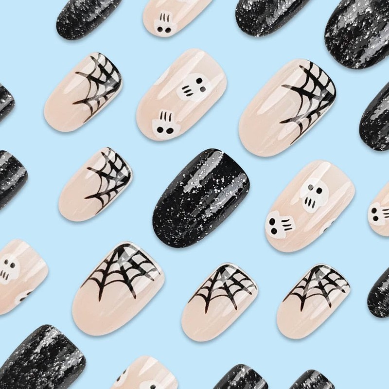 Carufin 24Pcs Black Spider Web False Nails Short Nails Ghost