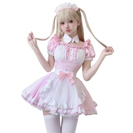 Shoki Maid Clothes, Goth Loli, MoE, Cosplay Costume, Short Sleeve, Frill, Lolita, Headband Included, Neat, Cute, Waitress, Women's Dress, Pink Maid Clothes, Large Size (XL)