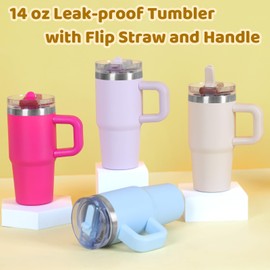 14 oz Tumbler for kids with Detachable Flip Straw Lid and handle, 100% Leak Proof 14 oz mini cup, Stainless Steel Vacuum Insulated Tumbler, Wide Mouth Easy to Clean, Keep Cold or Hot (Sky Blue)