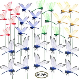 Allazone Pack of 30 Garden Dragonfly Decorations, 2 Size Double Wings Dragonfly on Sticks, Garden Dragonfly Poles, Garden Ornaments, for Yard Patio Party Decorations