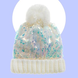 Kids Girls Winter Hat Chunky Head Cover Pom Pom Cream Sequin 7-13 Years