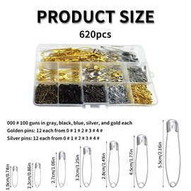 Pack of 624 safety pins, large safety pins, punch needle set, small thumbtacks, fabric clips, staple maker, stimulating pins, push pins, push pins, pins, pins, black, French pin for bags