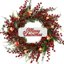 KORSMV 20 inch Christmas Wreaths for Front Door Winter Door Wreath with red Berry,Gold and red Christmas Ball for Front Door Indoor Outdoor Farmhouse Festival Home Decor