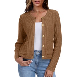 ANRABESS Women Cardigan Sweater Dressy Casual Classic Long Sleeve Crew Neck Button Down Tweed Knit Jacket 2025 Fall Outfits Brown L