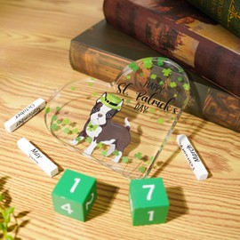 St. Patrick's Day Decorations Boston Terrier Dog Shamrocks Heart Acrylic Plaque Happy St Patrick's Day Decor for Home Table Office Desk Shelf Dog Lover Gifts