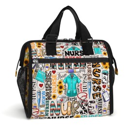 84hoods Large Lunch Bag for Women. Insulated Lunch Box for Work Office Travel Picnic with Adjustable Strap. Gift for Nurse. Sunflower Typography.