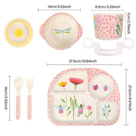 Flower Fairy Cartoon Kids Cartoon Dinnerware Set - Children Dishes Food Plate Bowl Cup Spoon Fork Set, Dishwasher Safe,Childrens Plates and Bowls Sets, Healthy Mealtime, BPA Free,6Pcs/Set