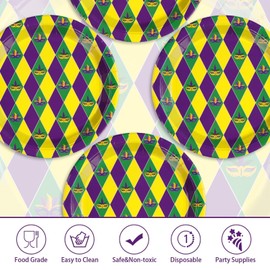 50 Pcs Mardi Gras Paper Plates 10" Large Colorful Checkered Dessert Plates Disposable Purple Yellow Green Mask Mardi Gras Party Supplies for New Orleans Carnival Party Decorations