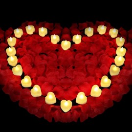 Childom 1000 Pcs Red Rose Petals with Heart Shaped LED Candles Romantic Decorations