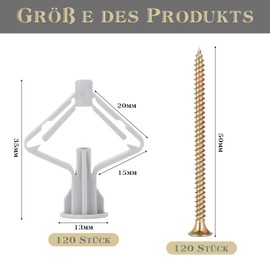 VEGCOO Cavity Dowels Set (120 Dowels, 120 Screws), Plasterboard Dowels with Screws, Cavity Dowels Butterfly, Drywall Dowels for Plasterboard, Concrete, Bricks, Pack of 120