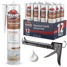 Kraken Bond Acrylic Latex Caulk White - (12x10.1 fl. oz.) Paintable Interior and Exterior Window White Calking for Baseboard, Trim, Kitchen and Bathroom - Waterproof, Odorless - Gun Included - 12 Pack