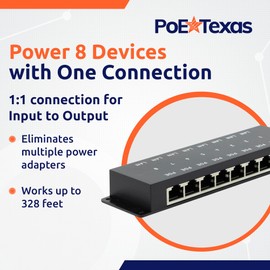 PoE Texas 8-Port Passive Midspan PoE Injector with 48V 120W Power - Network Switch Upgrade for IP Cameras, VoIP Phones, WiFi Access Points - IEEE 802.3af/at Compatible - 10/100 Mbps Fast Ethernet