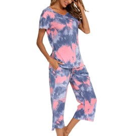 ENJOYNIGHT Women's Tie Dye Pajamas Sets Lounge Short Sleeve Top with Capri Pants Sleepwear 2 Piece Set(Medium, Blue Pink)