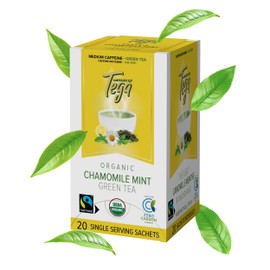 Tega Organic Chamomile Mint Green Tea | Green Tea in Eco-Friendly Tea Bags, Fairtrade, Carbon Neutral, Zero Sugar, Medium Caffeine, 20 Individually Wrapped Tea Bags (Pack of 3)