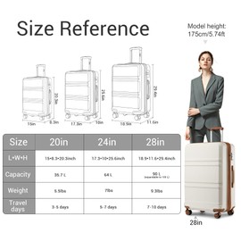 Kono 3 Piece Luggage Sets Expandable(only 28") Lightweight with Spinner Wheels TSA Lock Hardside Travel Rolling Suitcases 20in 24in 28in Carry on Cream White