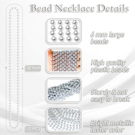 12 PCS Bead Necklaces, Silver Mardi Gras Beads, Metallic Plastic Beaded Necklaces, 32" Parade Throws Set Party Supplies Party Accessories Decor for Christmas Xmas Carnival Bridal Pirate Birthday