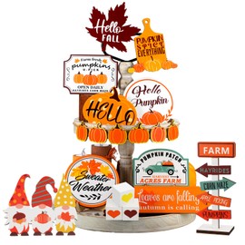Tradder 19 Pcs Thanksgiving Tiered Tray Decorations Set Hello Fall Rustic Farmhouse Tray Decoration Fall Pumpkin Maple Leaf Gnome Wooden Sign Thanksgiving Tabletop Sign for Fall Home Kitchen