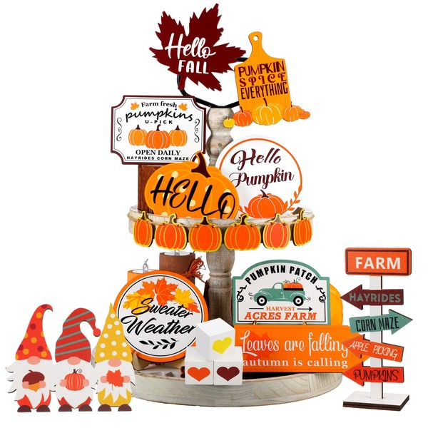 Tradder 19 Pcs Thanksgiving Tiered Tray Decorations Set Hello Fall