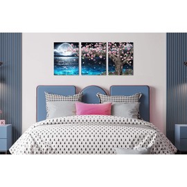 HUBOSKN Blue Ocean Wall-Art - Pink Wall Decor for Office - Tree Wall Art for Living Room Moon 3 Pieces Canvas Art Picture 16x12 Inches