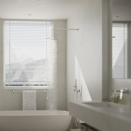 Naiture L Shaped, Corner Shower Head Extension Arm with Flange, 1/2 NPT Threaded Connection, 20 inch Length, Straight Lower Rain Fall Shower Head, Long Extender Pipe, Brass, Chrome Finish