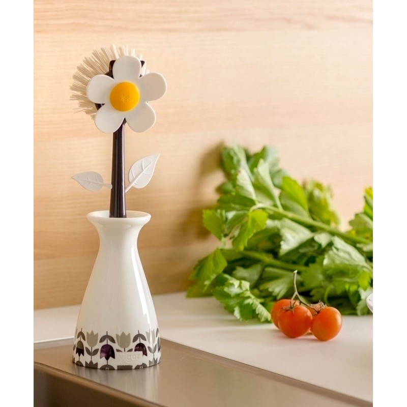 Vigar Flower Power Nylon Dish Brush with White Vase Holder,