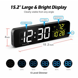 15.2" Gym Timer, App & Remote Control, Customizable LED Colors, Temperature, Date, Workout Interval Timer Stopwatch Countdown Large Digital Wall Clock for Home Gym Garage