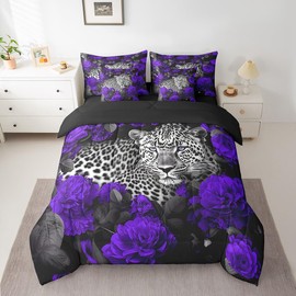 3D Cheetah Bed in a Bag King Size Comforter Set 7 Pieces,Purple Rose Leopard Print Bedding Sets Romantic Flowers African Safari Animals Sheet Set with Comforter,2 Pillowcases,2 Throw Pillow Covers