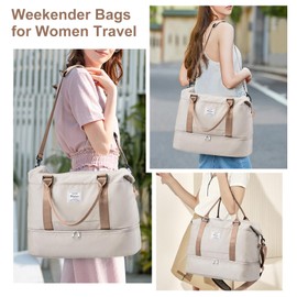 Travel Duffel Bag, Sports Gym Tote Bag for Women, Carry on Luggage Bag for Airplanes, Lightweight Weekender Overnight Shoulder Bag Waterproof Beach Hospital Bag with Shoes Compartment，M41-Beige Brown