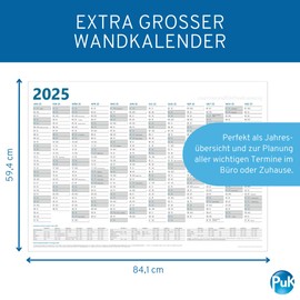 PuK XXL Wall Calendar 2025 DIN A1 84.1 x 59.4 cm Folded | 12 Month Year Planner A1 Landscape Format | Holiday Overview and Nationwide Holidays | Calendar 2025 Large, Yearly Calendar, Wall Planner