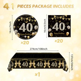 41Pcs 40th Birthday Decorations for Men Women, Black Gold 40 Year Old Birthday Party Supplies Include 20 Plates 20 Napkins and 1 Tablecloth, Black Gold 40 Aged Birth Party Tableware
