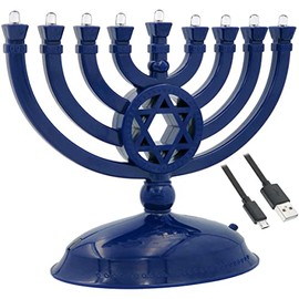 The Dreidel Company Mini Electric Menorah Traditional LED Travel Menora, Batteries or USB Powered, Micro USB 4' Cable Included (Blue)