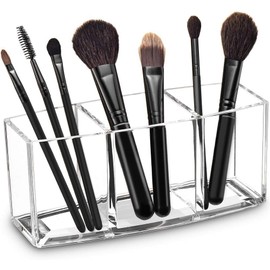 Acrylic Makeup Brush Organizer Holder Clear Cosmetic Brushes Storage with 3 Slots (Transparent, One size)