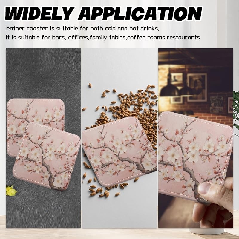 Coasters for Drinks with Holder, Pink Cherry Blossoms on Branches